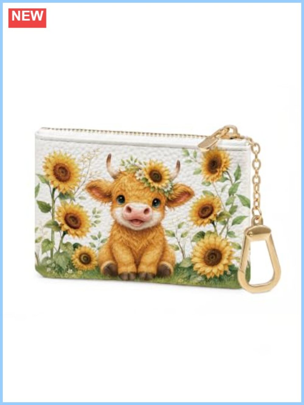 Highland Cow Sunflower PU Leather Coin Purse Keychain Change Pouch